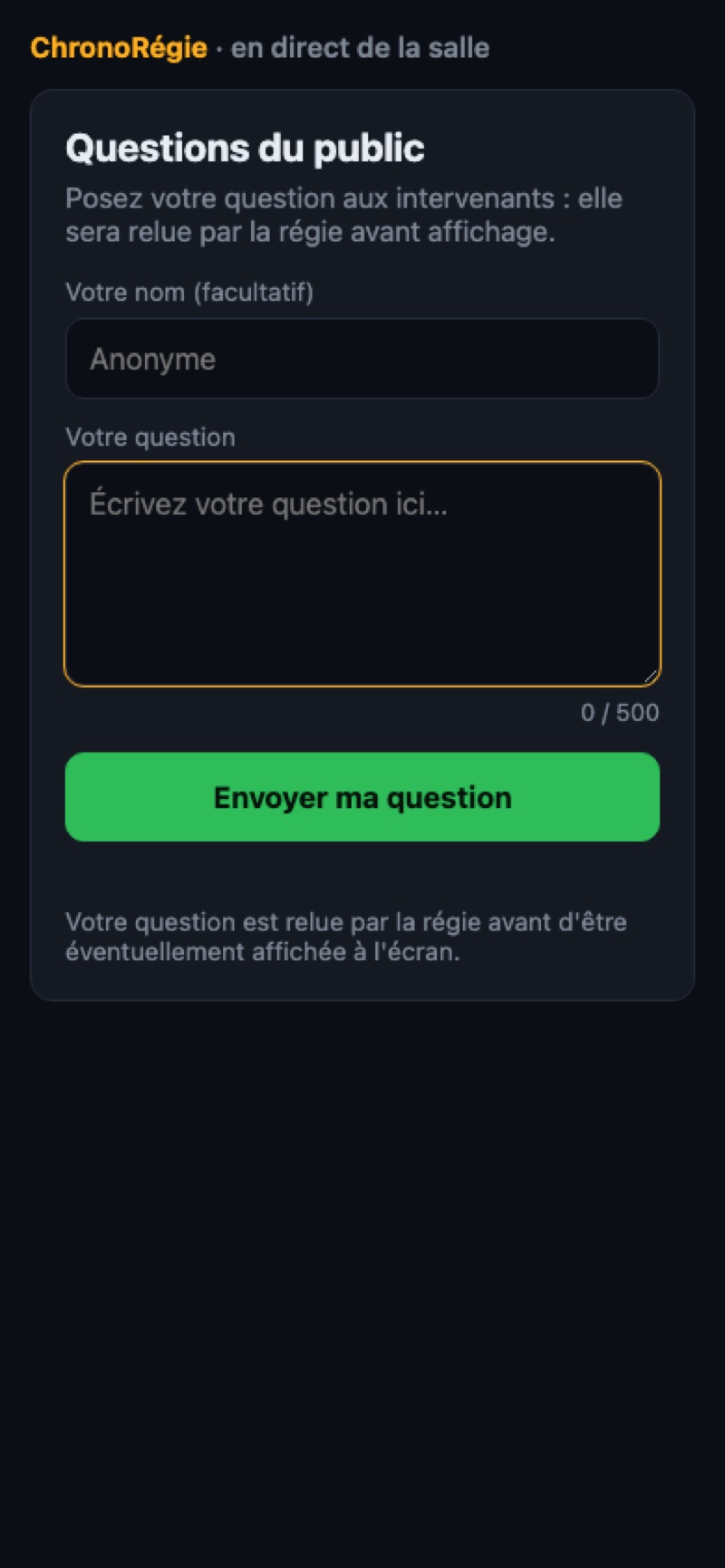 La page publique de questions sur mobile